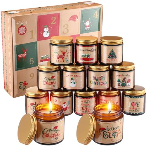 Hollowfly 12 Pack Advent Calendar 12 Days Christmas Scented Candles Set 2024 Scented Candles Soy Wax Candles Christmas Advent Gift for Women Adults Holiday Decoration