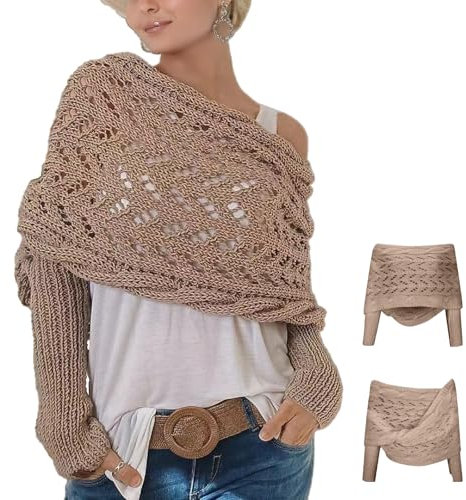 Yuepaikre 280cmMultifunktionaler Schal mit Ärmeln für Damen, Gestrickter Polyesterfaser Zopfmusterschal, Boho Pashmina Schal Damen, Warmgestrickt cape damen (Kamel)