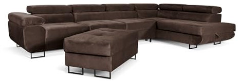 SOFILAND Aller Lang XL Modernes Design Ecksofa mit Schlaffunktion, Bettkasten in Ottomane, Hocker mit Stauraum – Tierfreundlicher Waterproof-Welvet, inkl. 2 runde Kissen, Ottomane rechts. (Braun)