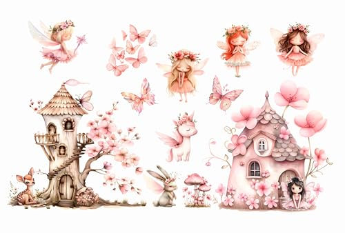 Wandtattoo Wandsticker Blume Fee Feen Blumen Schmetterling Elfen Rosa Wandtattoo Buntes Pflanze Selbstklebend Wandaufkleber Abnehmbar Wandkunst Aufkleber für Mädchen Kinder Kinderzimmer Schlafzimmer