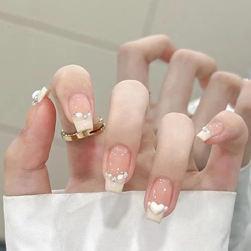 Pearl Decoration French Press on Nails - Full Cover False Nails Christmas Square Stick on Nails with Glue - Milk Yellow French, 1