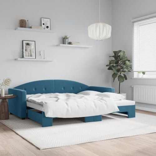 Hommdiy Tagesbett,Sofabett,Einzelbett,Schlafsofa Bettgestell mit Lattenrost,Jugendbett,Ausziehbar,Daybett Blau 90x200 cm Samt mit Bettkasten