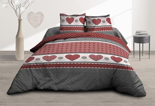 Housse de Couette 220x240 + 2 taies - Pur Coton 57 Fils - Coeurs Rouge