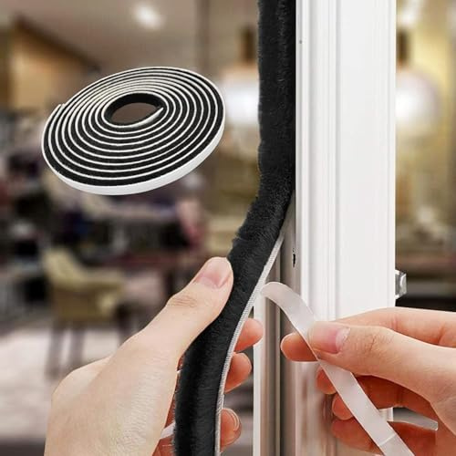 Brush Draft Excluder for Windows, 5 Meters(L) x 9 mm(W) x 9mm(T) Self-Adhesive Brush Weather Stripping Seal Strip Air Stopper for Sliding/External Door, Black