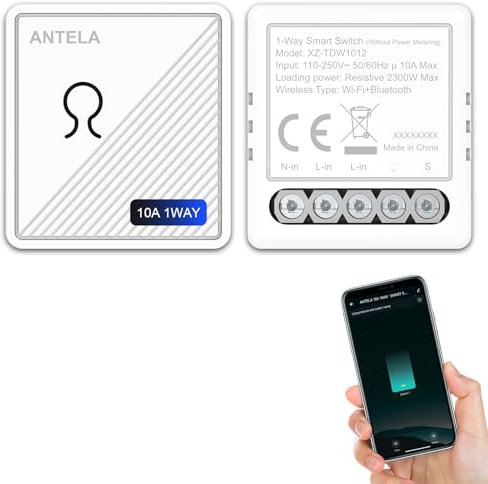 ANTELA Interruptores Relé WiFi Inalámbricos,1 Canal 10A Control APP,Por Voz, mini Interruptor Inteligente Wifi+Bluetooth,Compatible con Alexa y Google Home,2 Unidad