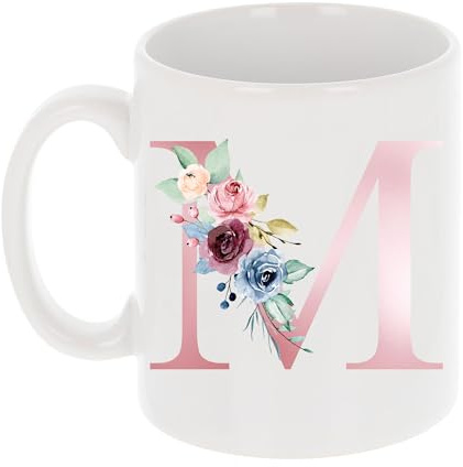Personalisierte Tasse mit floralem Initialen-Motiv, individuelle Monogramm-Kaffeetasse mit rotgoldenem Alphabet Buchstabe M – Geschenk Keramiktasse für sie, beste Freundin, Mutter, Ehefrau
