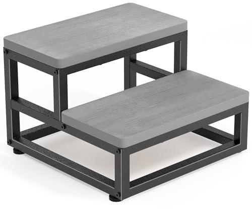 Tritthocker 2 Stufen für Erwachsene Kinder, Anti-Rutsch Wasserfest HDPE Holztritt mit 230kg Tragkraft, Verstellbare Füße & Abgerundete Ecken, Fußbank für Küche/Bad/Schlafzimmer