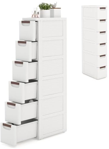 KOMFOTTEU Armario Estrecho con 4 Cajones, Carrito con Ruedas Ahorra Espacio, Estantería Lateral de PP, Mueble de Almacenamiento para Baño, Cocina (6 Cajones, 1 Pieza)