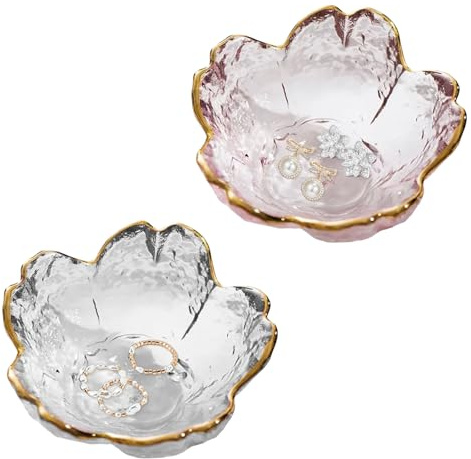 Wrbugukeji Glass Ring Dish, 2 Pcs Flower Jewelry Dish(Pink and White) | Small Glass Jewellery Tray Flower Jewellery Tray Clear Small Trinket Holder Gifts for Women Wife Mom Daughter