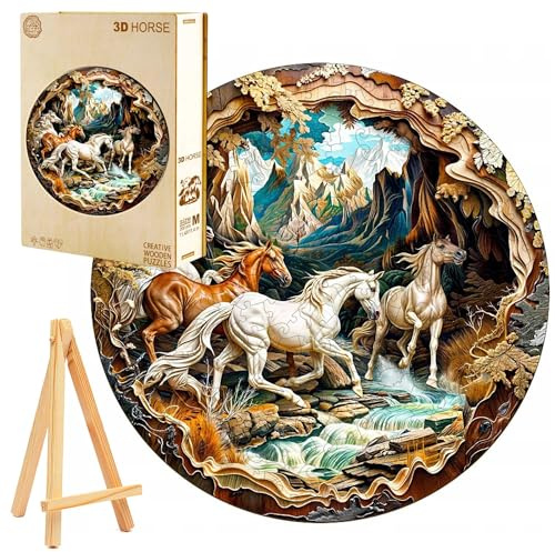 PASJO Holzpuzzle für Erwachsene 3D-Effekt 300 Teile Wildpferde im Galopp inkl. Mini-Holzstaffelei und Holzbox