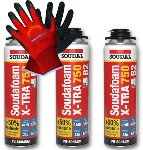 SET 3 x SOUDAL Soudafoam X-Tra 750 B2 Pistolenschaum + Arbeitshandschuh von Hauswerk.shop
