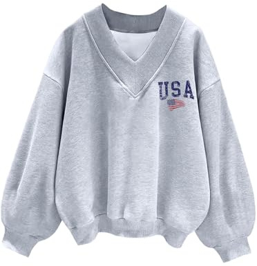 Hilinker Damen-Sweatshirt mit V-Ausschnitt, übergroß, lässig, Lange Ärmel, Pullover, Graue USA-Flagge, XL