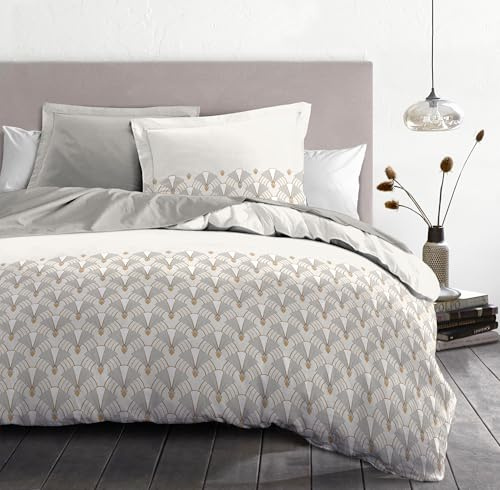 Duvet Cover Set 240 x 260 cm – 3 Pieces – Soft Cotton Percale – Duvet Cover + Pillowcases – White & Beige – L'Elegant
