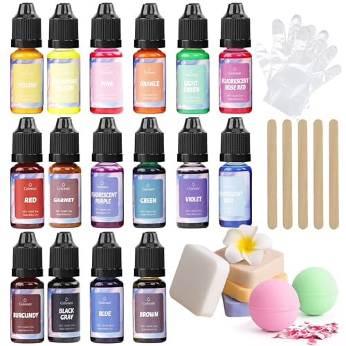 DEWEL Seifenfarbe Set 16 Farben x 10 ml, Epoxidharz Farbe | Flüssig Seifenfarben für die Seifenherstellung, Handgemachte Seifen, DIY Badebomben, Seifen Machen, Schleim, Kunsthandwerk