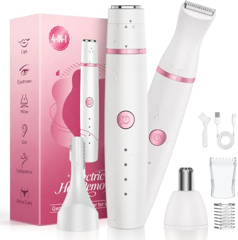 Facial Hair Remover for Women,4-in-1 Bikini Trimmer Women,USB C Mini Lady Shavers with 4-Level Battery Indicator (25%, 50%, 75%, 100%) Eyebrow Razor,Nose Trimmer,for Face Nose/Ear Body,Easy to Clean