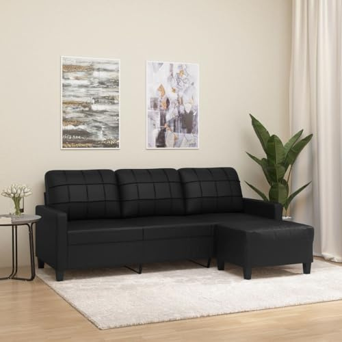 Hommdiy 3-Sitzer-Sofa mit Hocker Schwarz 180 cm Kunstleder Liegesofa für Wohnzimmer Polstersofa Sessel Relaxsofa Loungesofa Relaxcouch TV Sofa