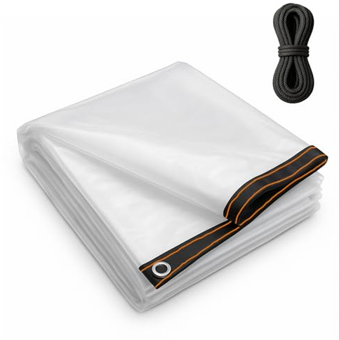 BeGrit Heavy Duty Clear Tarpaulin 2.5m x 3.5m Waterproof Clear Tarp Reinforced PE Transparent Tarp Sheet Plastic Cover with Reinforced Grommets Rope for Garden Greenhouse Groundsheet Furniture Camping