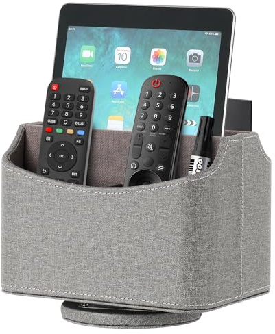 Esilihom Remote Control Holder, TV Remote Holder, PU Leather | 360 Degree Rotatable | 5 Compartments,Desk Organizer for Glasses, Pens, Pencils, Scissors, Makeup Brush, Grey