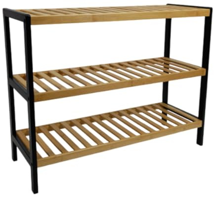 Begryf Schuhregal 70 x 26 x 55 cm, 3-stufiges Regal in Bambusoptik mit schwarzem Metallgestell, Schuhablage für Flur, Bad und Eingangsbereich