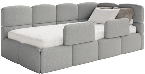Selsey Jugendbett 120x200cm Grau Bouclé Stoff mit Matratze und Lattenrost, Polsterbett mit Stauraum und Bettkasten, Kinderbett mit 2 Schutzbarrieren, Jugendbett rechtsseitig