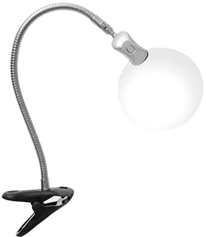 PURElite Clip-on Magnifying Light – Table Lamp & Desk Lamp, Flexible Neck, Natural LED Daylight Bulbs for Reading, Needlework, Sewing, Crafting, Battery Powered, Black,Silver
