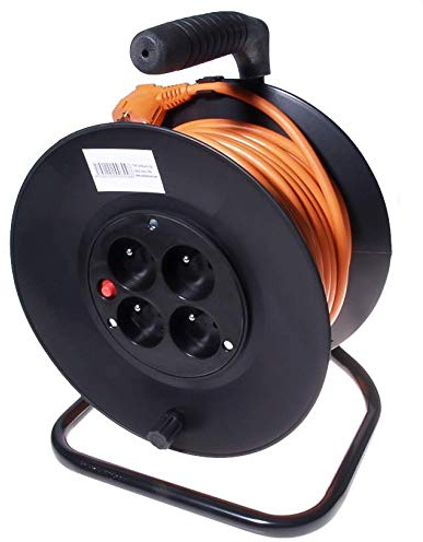 PremiumCord Kabeltrommel 25 m mit 4 Tüllen, Verlängerungskabel 230 V von hoher Qualität auf der Trommel, mit Thermoschutz und Kabelgriff