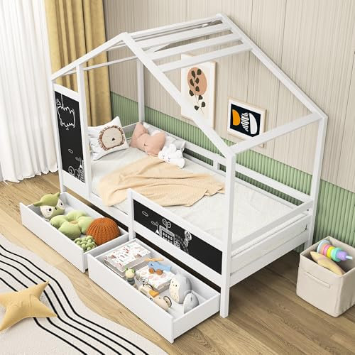 GisooM Kinderbett 90x200cm, Hausbett Kinder mit 2 Schubladen inkl, Vielseitiges Holz Baumhausbett mit Treppe, Lattenrost,Rausfallschutz, für Jungen und Mädchen, Weiß