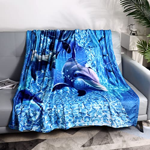 Dick Decke Weich Wärme Gemütlich Flanell-Fleece Sofadecke Deckeldecke 3D Bilder Cute Delfine Wellen Tiere 150 x 200 cm