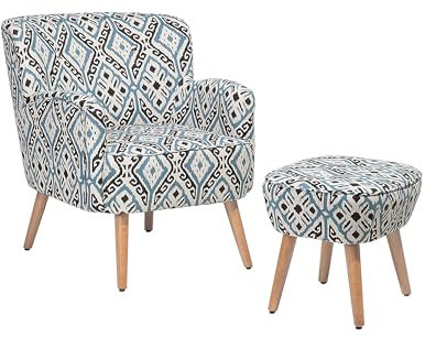 Beliani Sessel mit Hocker Polsterbezug orientalisches Motiv blau/schwarz/weiß Tumba