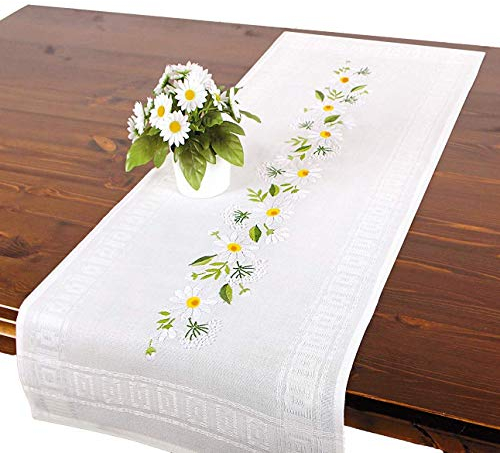 Tischdeckenshop24 Stickpackung Margeriten, Tischläufer Set vorgezeichnet zum Sticken, Sommer Stickset mit Plattstich und Stielstich zum Selbersticken