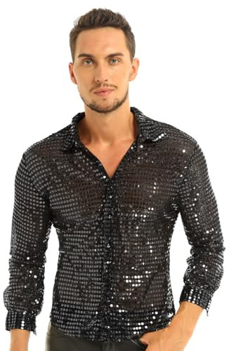 CHICTRY Herren Pailletten Hemd 70er Langarm Disco Party Kostüm Reverskragen Freizeithemd Button Down Shirt Slim Fit Silvester Outfit Schwarz XL