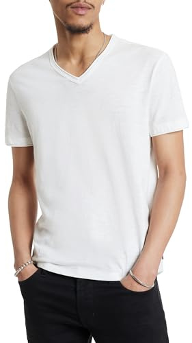 John Varvatos Star USA Men's Short Sleeve SLUB V-Neck with Cut RAW Edge T-Shirt, Salt, Medium