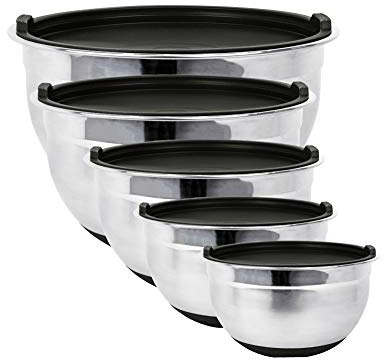 Stainless Steel Mixing Bowls with Lids and Non Slip Bases (Set of 5, Black) by Fitzroy and Fox