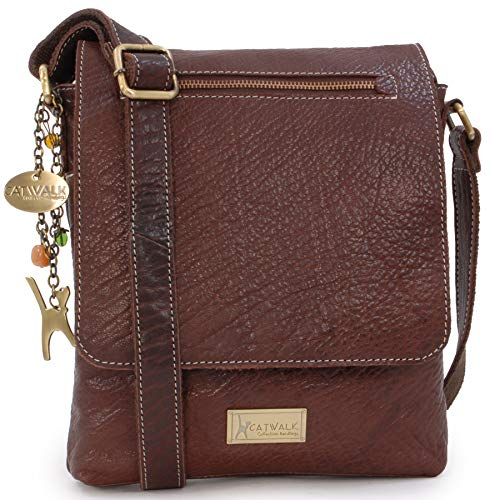 Catwalk Collection Handbags - Leder Umhängetasche Damen - Crossbody Bag/Messenger Bag Mittelgroß - Verstellbarer Schultergurt - Anja - Braun