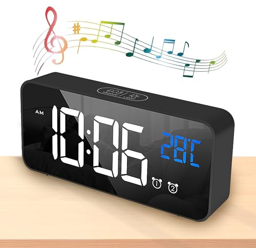 Digital Wecker, Große LED Temperaturanzeige, USB Wiederaufladbar, 2 Alarmen, Snooze Funktion, Sprachsteuerung Funktion, 4 Helligkeiten, 13 Musik, LED Digitaluhr Spiegelalarm Tischuhr (Schwarz)
