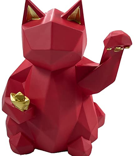 Lelukee New Lucky cat red Glückskatze Statue Feng Shui Maneki Neko Harz Geometrische Neuheit Dekoration Wohnzimmer Schlafzimmer Geschenk Desktop Statue Dekoration（13.5cmx9cmx17.5cm）