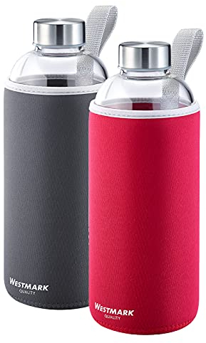 Westmark Set de 2 Gourdes , 2 Gourdes en Verre avec impression, avec 1 Housse de protection pour chaque, 1000 ml, Verre/Silicone/Caoutchouc, sans BPA, Viva, Rouge/anthracite/argenté/clair, 527422E8