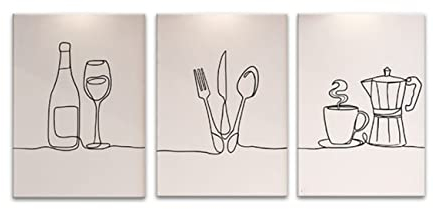 ZHONGYUTONG Küche minimalistische Strichzeichnungen Wanddekoration 3-teiliges Geschirr Wein Kaffee Leinwand Kunstdruck Schwarz Weiß Bild Poster für Esszimmer Büro (30x40cm Kein Rahmen)