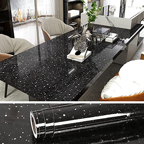 VEELIKE Black Granite Wallpaper 40cm x 300cm Black Vinyl Wrap for Kitchen Worktop Vinyl Covering Bathroom Countertops Waterproof Oilproof Self Adhesive Wallpaper for Living Room Sticky Back Plastic