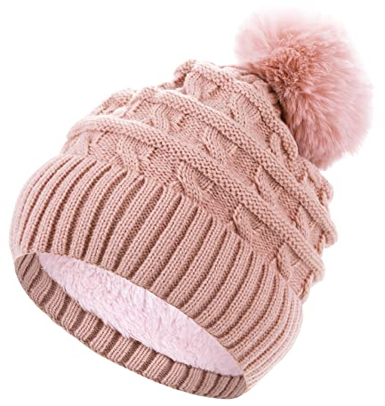 Sibba BommelmüTze FüR Frauen Winter Beanie MüTzen Thermo Fleece GefüTterte MüTze Damen StrickmüTze WollmüTzen Mit Kunstfell Pom Pom Rose EinheitsgrößE Kunstpelz Bommel Warm Gestrickt Hut
