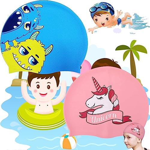 2 Pezzi Cuffia da Nuoto Bambini Cuffia, Divertente Cuffia da Nuoto in Silicone per Ragazzi e Ragazze, Cuffia da Nuoto Simpatico Cartone Animato, Cuffia da Piscina Impermeabile, Antiscivolo, Unisex