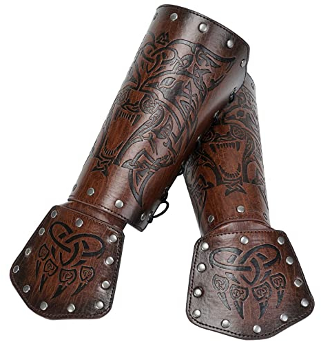 Thajaling Nordische Bekleidungsaccessoires Armschienen, Wikinger-Wolfskopf-Lederarmschienen, LARP-Halloween-Kostüm-Handschuh-Armrüstung, mittelalterliche keltische Knoten-Armschienen (Braun)