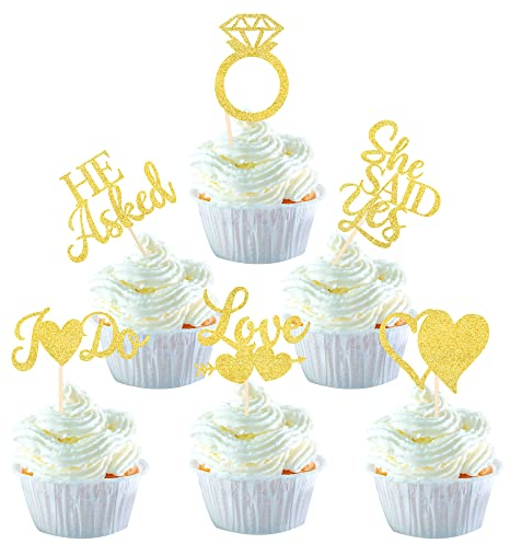 SYKYCTCY 36 Pack He Asked She Said Yes Cupcake Toppers Glitter Love Heart I do Ring Cupcake Food Picks for Wedding Engagement Bridal Shower Party Cake Decorations Supplies Gold