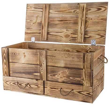 Vintage Möbel 24 GmbH Holztruhe mit Deckel Truhe Couchtisch im Landhausstil, Stauraum für Decken, Kissen im Schlafzimmer (Geflammte Truhe mit Schubladen)