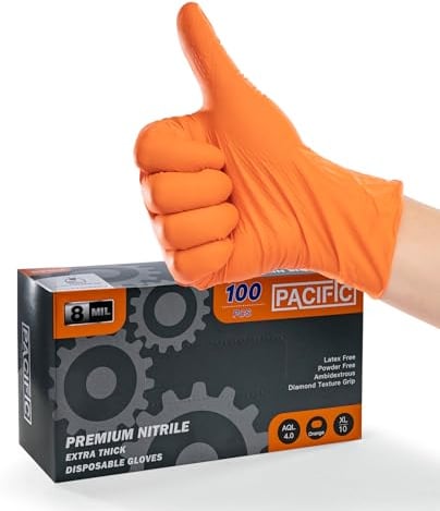 PACIFIC 8-mil Gants Jetables en Nitrile Orange, Heavy-Duty, Industriel, Mécanique, Texture Diamant, Sans Latex, Sans Poudre, EN 374, XL/10
