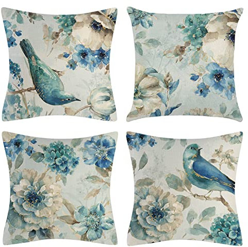 OCEUMACO Leinen Kissenbezug 50x50 Blumen Vogel Muster Kissenhülle 4er Set Quadratisch Sofakissen Dekokissen Bezug für Couch Sofa Kissen Kissenbezüge Outdoor Deko Zierkissen Couchkissen - Blau