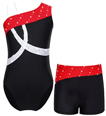TiaoBug Mädchen Gymnastikanzug Ärmellos Trikot Turnanzug Turnbody mit Glitzer Kinder Dancewear buntes Leotard Body für Gymnastik Sport Ballett Tanzen Schwarz&Rot I 158-164