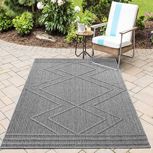 HomebyHome In& Outdoor Teppich Wetterfest, Grau 120x170 cm Teppich Küche, Waschbarer Küchenläufer Flachgewebe Sisaloptik Boho Design Camping Terasse Balkon Outdoorteppich Garten