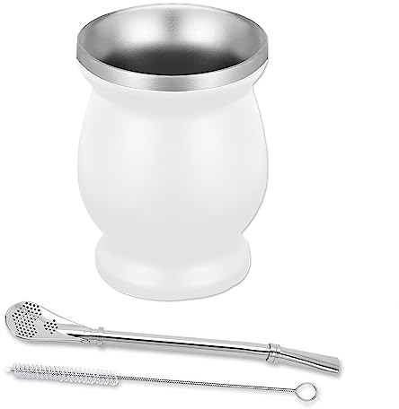 NUWIQ Mate Becher, Mate Tee Becher Set, mit Mate Strohhalm und eine Reinigungsbürste,für Küche, Restaurant, Café, Weiss