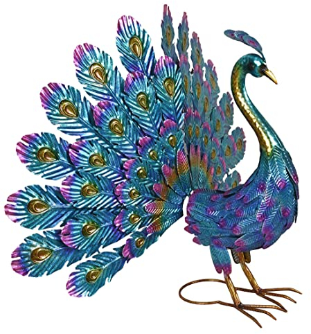 PALAZZO INT Gartenfigur Pfau „Schloss Sanssouci“ – Metall Pfauenhahn 57 cm – mit Federkrone – handbemalt – Antikstil Skulptur für Garten Terrasse Balkon